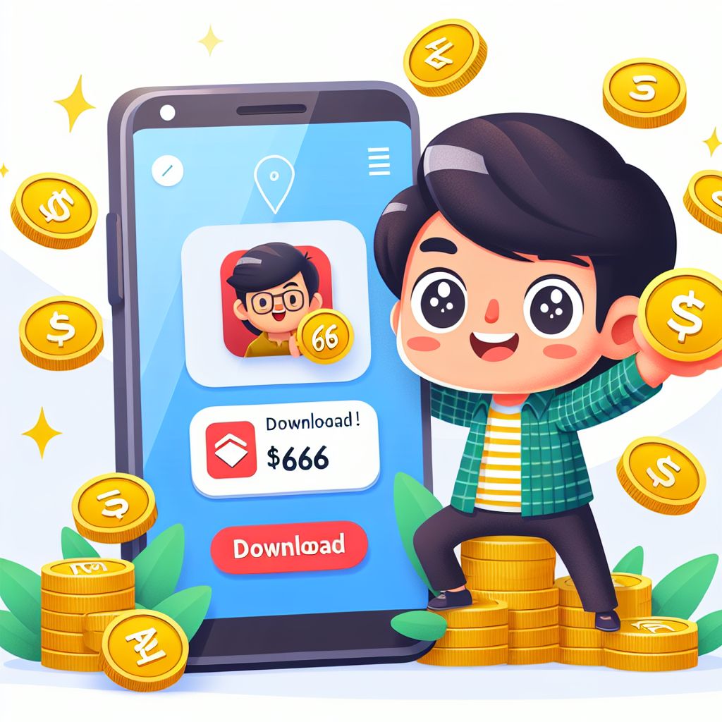 Cartoon character holding a smartphone with 666Taka app screen, coins and reward icons