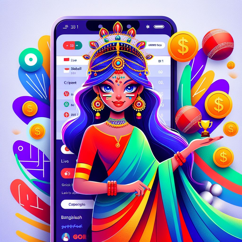 Cartoon sports betting character with a phone showing live odds and coins