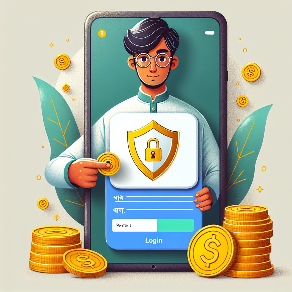 Cartoon character holding a phone showing a login screen with shield and coins